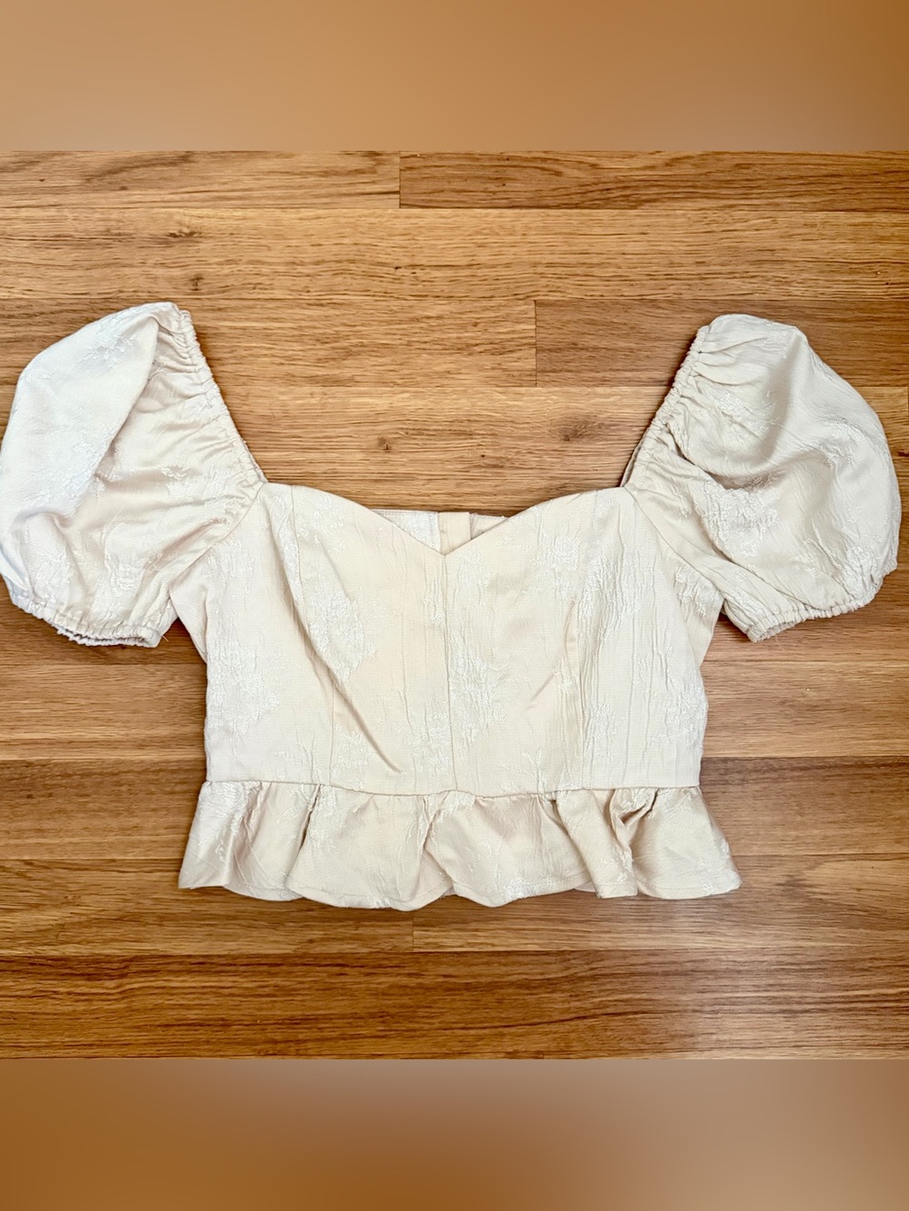 Forever 21 Peplum Top Women Small Cream Puff Sleeve Jacquard Zipper Back Peasant